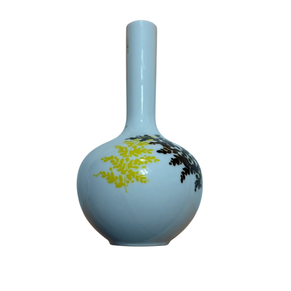 Vintage Japan Porcelain Bud Vase Long Neck Yellow Black Leaf Botanical 6 Inch